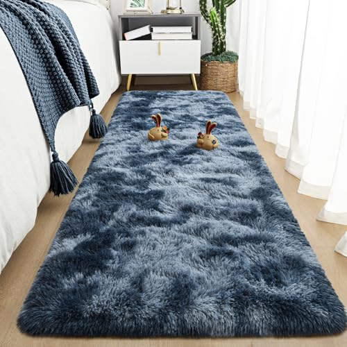 Soft 2x6 Runner Rugs for Bedroom Living Room Fluffy Plush (Tie-dyed Blue and Grey / 2' X 6' (Runner))