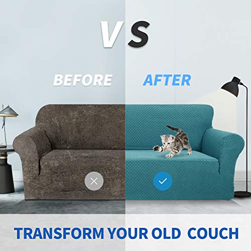 1 Piece Jacquard Couch Covers for 3 Cushion Couch Living Room High Stretch Sofa Cover Pets Dogs Friendly Anti Slip Thickened Slipcovers Furniture Protector (Large (71"-90") / Peacock Blue)