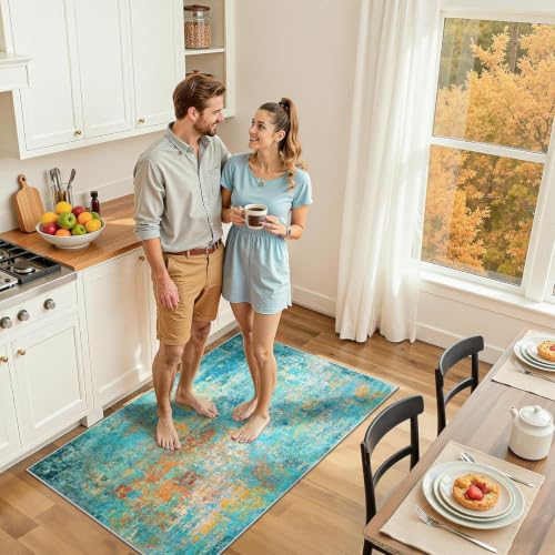 Washable 3'x5' Abstract Area Rug for Living Room Teal Multi (Teal Blue/Green/Orange / 3' x 5' (Rectangular))