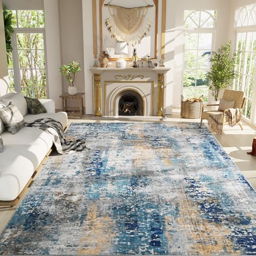 Living Room Rug 7x10 Ultramarine Area Rugs Machine Washable Abstract Boho Large Rug Non (Ultramarine / 7' x 10' (Rectangular))