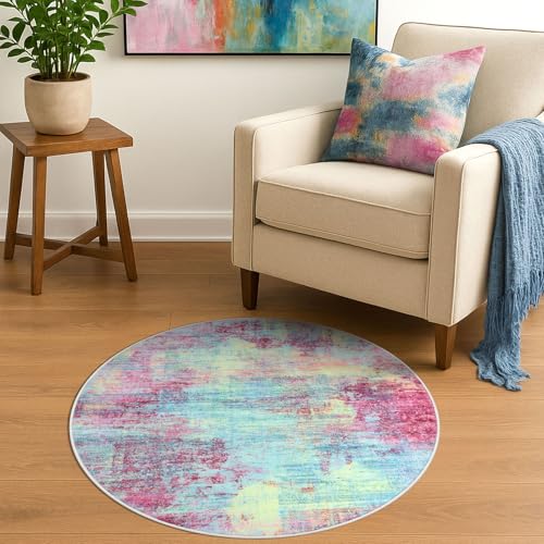 Round Area Rug 3 Ft Circle Entryway Rugs Round Washable Door Mat Indoor Entrance (Multi Pink / 3' x 3' (Rectangular))