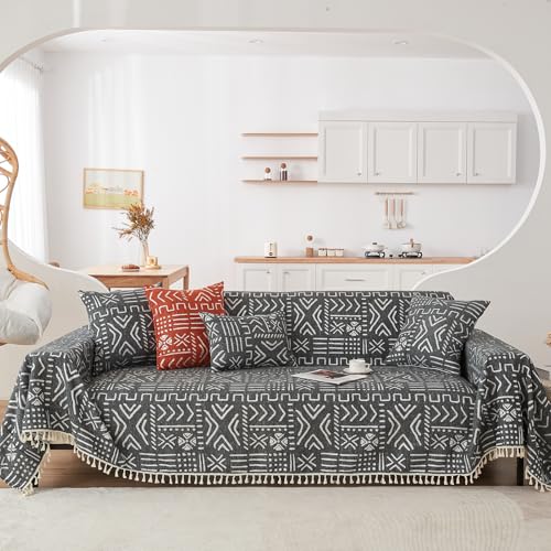 Black White Boho Sofa Cover Boho Geometric Couch Covers Tassel Farmhouse Dog Sofa Covers for Slipcover Aesthetic Couch Cushion Cover Couch Protector for Dogs Living Room Décor (71" x 150" / Tassel 2:black/White)