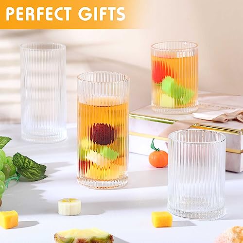 12 Pcs Ribbed Drinking Glasses Clear Vintage Cups Set (9 oz 12 oz)