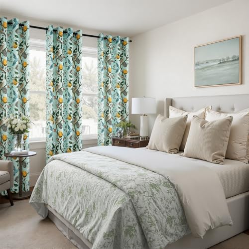 96 Inches Long Floral Curtains Unique Cottagecore Whimsical Vintage Pretty Fun Floral Hummingbird Patterned Double Sided Grommet Green Print Drapes Two Pages for Bedroom Living Room Dining (Mint Green / 52"W x 96"L (Pack of 2))