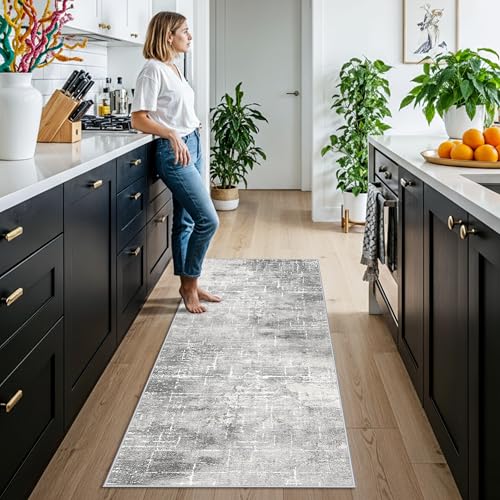 Washable Abstract 2x6 Kitchen Rug (2' x 6' (Rectangular) / Light/Grey)