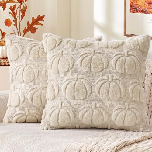 Fall Beige Pumpkin Faux Fur Throw Pillow Covers 18x18 Set of 2 (Beige / 18" x 18" (Pack of 2))