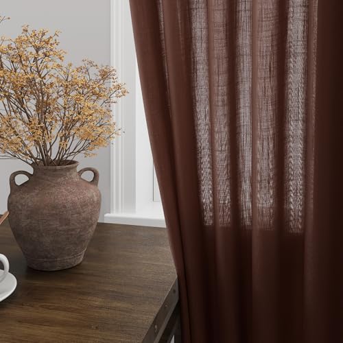 Rustic Brown Linen Curtains 90 Inch Long 2 Panels Set for Bedroom Living Room Linen Textured Window Drapes Semi Sheer Light Filtering Rod Pocket Back Tab Cotton Textured Farmhouse Curtain 52x90 (52"W x 90"L (Pack of 2) / Rustic Brown)