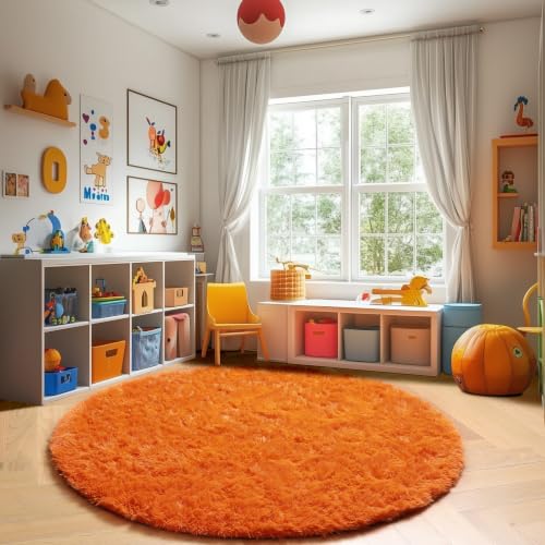 Orange Round Shag Kids Rug 4Ft for Bedroom Living Room Classroom (Orange / 4' (Round))