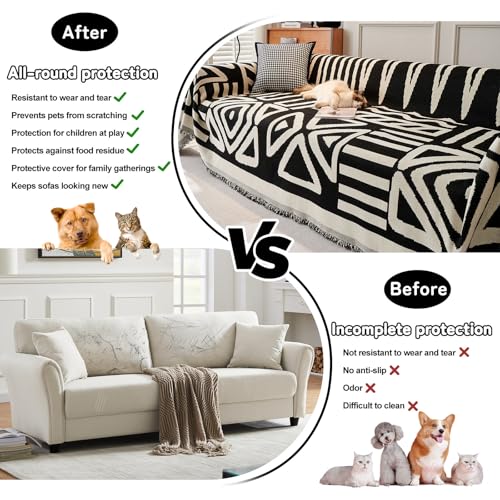 Boho Sofa Covers for Dogs Black Couch Sofa Covers for 3 Cushion Couch Sofa Beige Chenille Sofa Slipcover Washable Sectional l Shaped Covers Pets Protector Furniture Covers (71" x 150" / T:black)