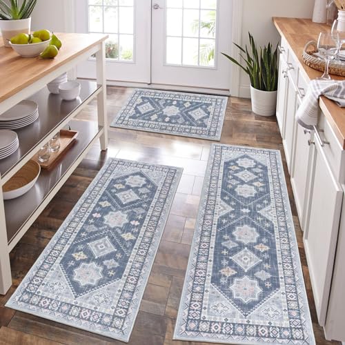 HEBE Boho Kitchen Rugs Set of 3 (Ash Blue / 20"x32"+20"x48"+20"x59")