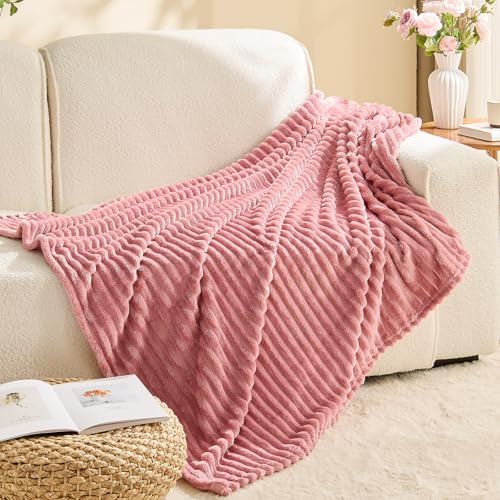 3D Ribbed Jacquard Pink Fleece Throw Blanket for Couch (Dusty Pink / Throw XL(50"x70"))
