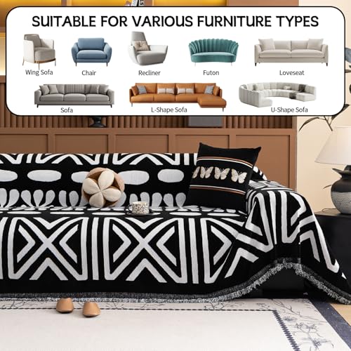 Boho Couch Cover Blanket Geometric Striped Pet Covers for Couches and Sofas Black and White Dog Cover for Couch Pet Friendly Chenille Sectional Sofa Covers for Pets Washable (71" x 134" / Stripe: Black and White)