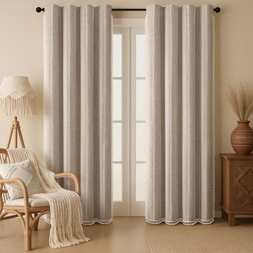 Khaki Brown Boho Blackout Curtains 84 Inch 2 Panels with Tassels (Khaki Brown / 52"W x 84"L (Pack of 2))