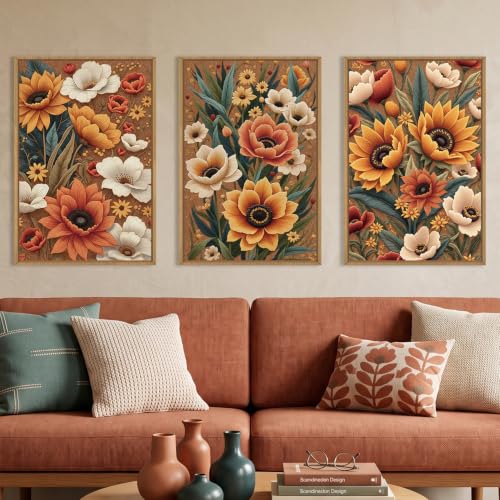 Large Boho Flower Botanical Framed Canvas Wall Art (Boho Embroidery Flower Wall Art / 16"L x 24"W)