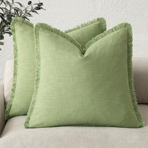 Decorative Linen Fringe Throw Pillow Covers 22×22 Lime Green (22" x 22" (Pack of 2) / Lime Green)