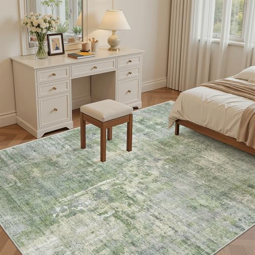 Abstract Rug 5x7 Washable Area Rugs for Living Room (Green/Ivory / 5' x 7' (Rectangular))