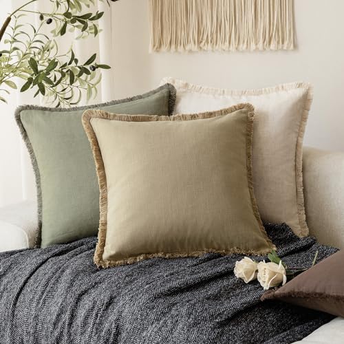 Decorative Linen Fringe Throw Pillow Covers 22×22 Light Khaki (22" x 22" (Pack of 2) / Taos Taupe)