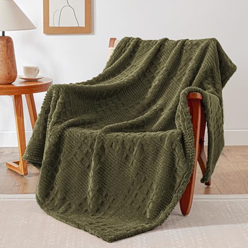 Green Fleece Throw Blanket for Couch or Bed Waffle Pattern Decor (02-moss Green / Throw)