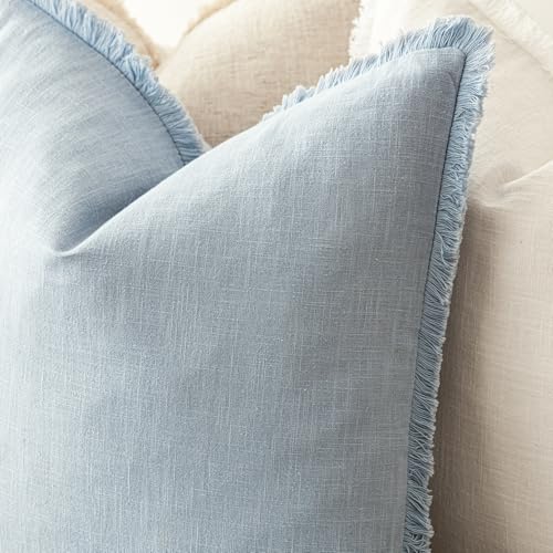 Decorative Linen Fringe Throw Pillow Covers 20×20 Inch (20" x 20" (Pack of 2) / Sky)