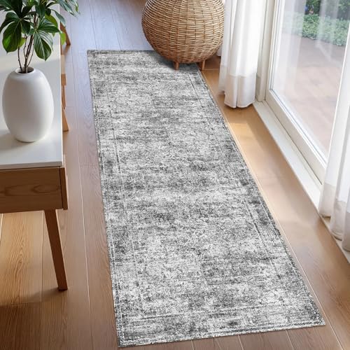 Washable Area Rug 2'6'' x 8' Vintage Traditional Persian Mat (Graphite and Mist / 2'6" x 8' (Rectangular))