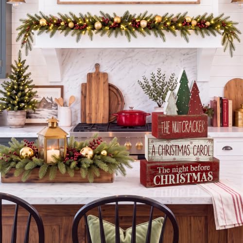 4 Pcs Christmas Table Decorations Rustic Christmas Tree Stacked Wooden Signs Decor Red Green and White Winter Tiered Tray Decor Xmas Table Centerpiece Farmhouse for Home Kitchen Shelf (Rustic Christmas Tree Cute)