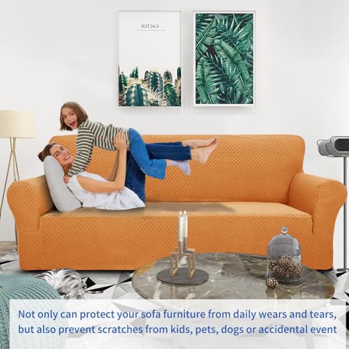 1 Piece Jacquard Couch Covers for 3 Cushion Couch High Stretch Sofa Cover for Pets Dogs Anti Slip Extra Large Sofa Slipcovers Furniture Protector (X-Large (91"-112") / Orange)