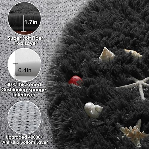 Black Fluffy Round Rug Circle Area Rugs 4ft for Kids Girls Boys Bedroom (Black / 4' (Round))