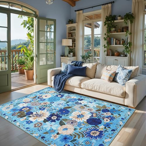 Floral Area Rugs 5x7 for Bedroom Livingroom Blue Non (Blue / 5' x 7' (Rectangular))