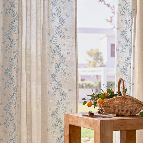 Floral Linen Curtains 63 Inch Farmhouse Back Tab 2 Panels (Vine | Sky Blue / 50"W x 63"L (Pack of 2))
