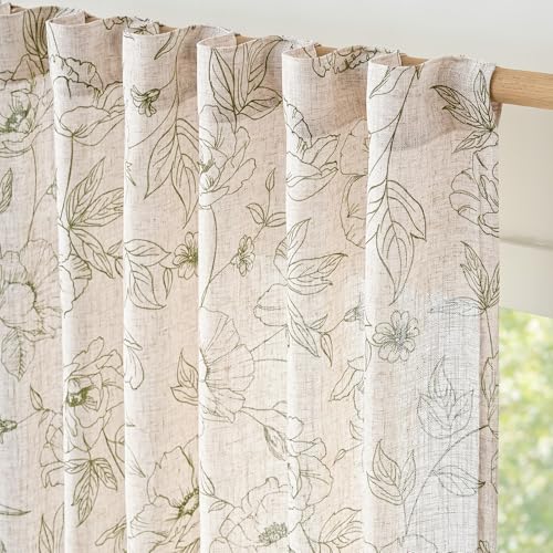 Floral Linen Curtains for Living Room 96 Inch Length Green Flower Curtain Rod Pocket Back Tab Farmhouse Curtains with Printed Floral Bedroom Window Curtain Set (Penny Green on Ecru / 50"W x 96"L (Pack of 2))
