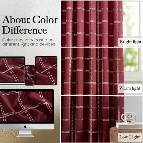 100% Blackout Red Plaid Farmhouse Curtains 96 Inch Long 2 Panels (52"W x 96"L (Pack of 2) / Grid Pattern | Red Christmas & White)