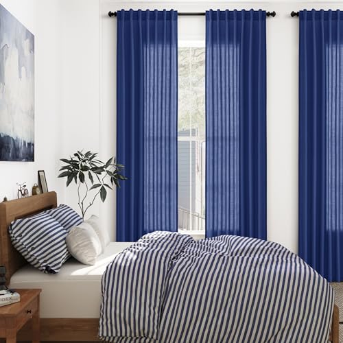 Classic Blue Linen Curtains 84 Inch Length 2 Panels Set for Living Room Rod Pocket Back Tab Light Filtering Window Drapes for Bedroom Dining Room Protect Privacy Modern Farmhouse Decor 52x84 (52"W x 84"L (Pack of 2) / Classic Blue)