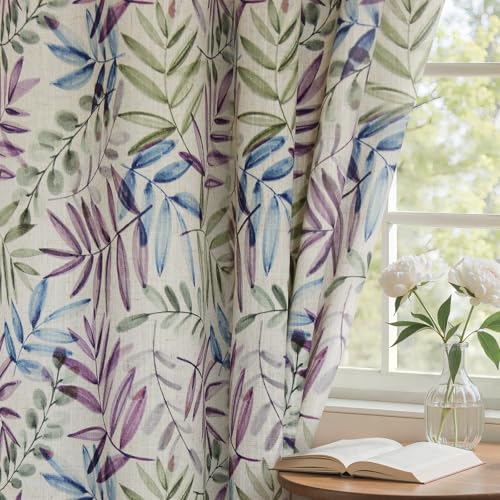 84 Inches Blue and Purple Leaves Linen Curtains for Bedroom (Linen Blue and Purple / 52"W x 84"L (Pack of 2))