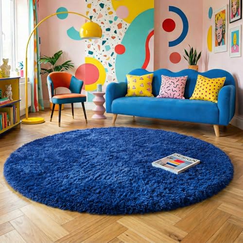 Navy Blue Round Circle Area Rug 5Ft for Boys Bedroom Living Room (Navy Blue / 5' (Round))
