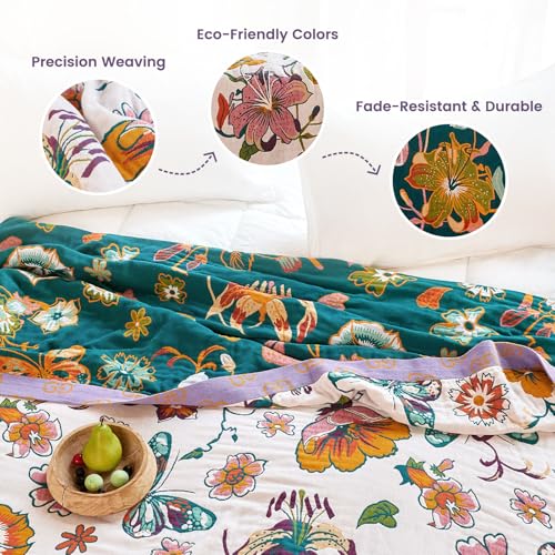 Boho Throw Blanket 60"x80" 100% Cotton Floral Blanket for Bed Couch (Bloom Butterfly / 60"x80")