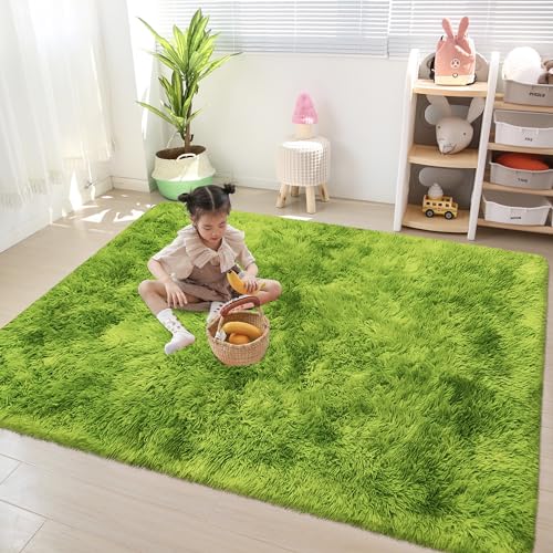Green Tie Dyed Rug for Bedroom 4x6 Fluffy Area Rug Mat Bedside Throw Rug for Living Room Kids Room Boys Teens Nursery Baby Dorm Office Home Decor Aesthetic Carpets (Tie-dyed Green / 4' x 6' (Rectangular))