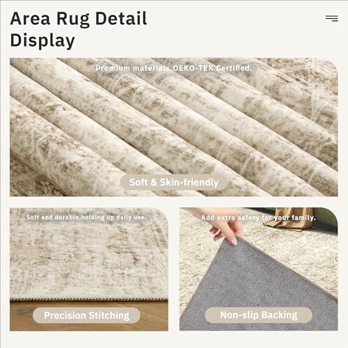 5x7 Area Rugs Light Brown Washable Trendy Faded Style Floral Rugs (Light Brown / 5' x 7' (Rectangular))