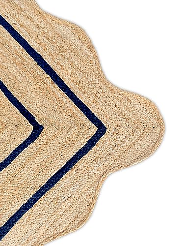Wave Scalloped Natural Jute Rug Boho Jute Rug Entryway Runner Rug Farmhouse Scallop Rug (Navy / 2'6"x18' (Runner))