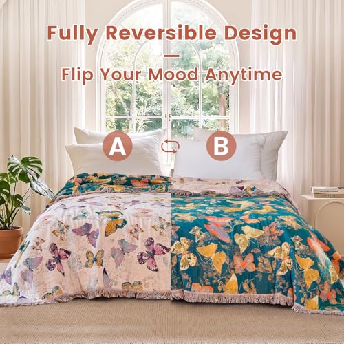 Boho Throw Cotton Butterfly Blanket 60"x80" for Couch Sofa Decor (Colorful Butterfly / 60"x80")