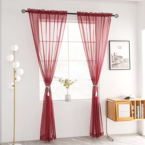 Solid Sheer Rod Pocket Curtain Voile Draperies 2 Panels White Beige Black Grey Coffee 52 Inch Width 90 Inch Long 1 Pair for Kitchen Bedroom Children Living Room Yard (Wine Red / 52"W x 90"L (Pack of 2))