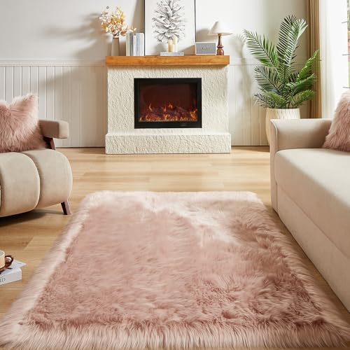 Faux Fur Sheepskin Rug for Living Room (4' x 6' (Rectangular) / Pink)