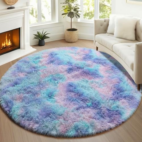 Rainbow Fluffy Round Rug Circle Area Rugs 4ft for Girls Kids Teen Bedroom (Rainbow / 4' (Round))