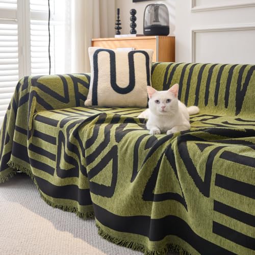Boho Geometric Couch Covers for Sofa Pet Friendly Avocado and Black Sofa Covers Washable Chenille Couch Blanket Cover for 2 3 Cushion Couches Pet Protector Furniture Cover Soft (71" x 118" / T: Avocado)