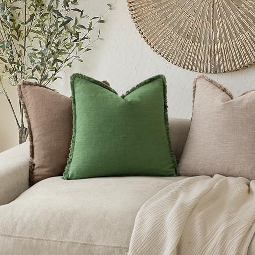 Decorative Linen Fringe Throw Pillow Covers 20×20 Forest Green (20" x 20" (Pack of 2) / Forest Green)