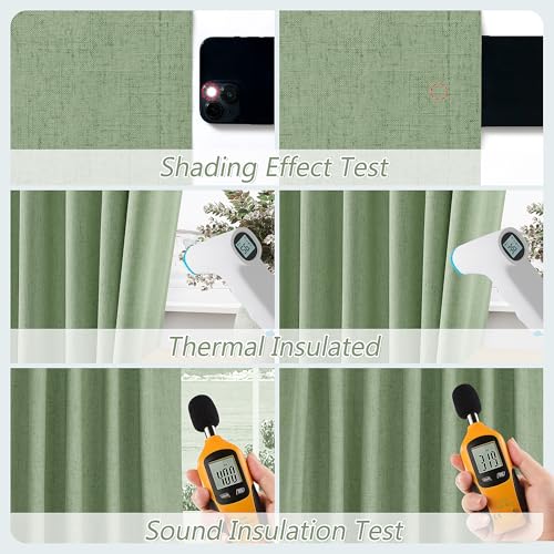 100% Blackout Linen Curtains 102 Inch Length 2 Panels Set for Living Room Bedroom Back Tab Thermal Insulated Black Out Linen Drapes Room Darkening Window Curtains (Light Sage / 52"W x 102"L (Pack of 2))