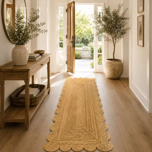 Jute Runner Rug 2.5x16 Ft with Scalloped Border (Natural / 2'7" x 16' (Rectangular))