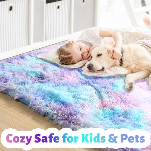 Purple Rainbow Mermaid Furry Kids Area Rug 5x8 for Girls Bedroom (Blue Purple Rainbow / 5' x 8' (Rectangular))