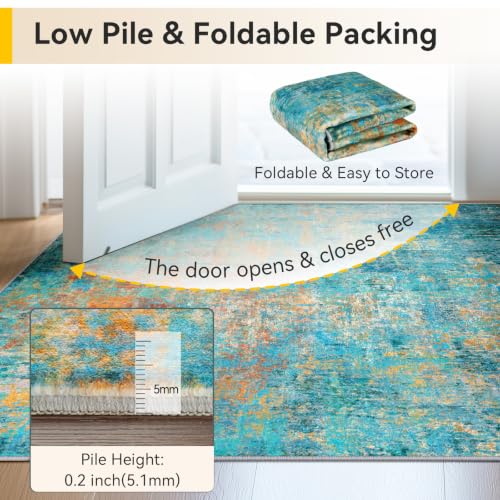 Washable Square 8'x8' Area Rug for Living Room Teal Multi (Teal Blue/Green/Orange / 8' x 8' (Square))