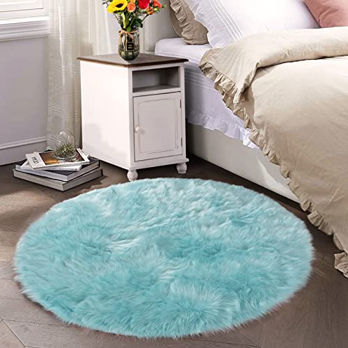 Blue Round Rugs 6ft Faux Sheepskin Fur Large Circle Rug for Living Room Bedroom Fluffy Plush Furry Rug Home Décor (6' (Round) / Light Blue)