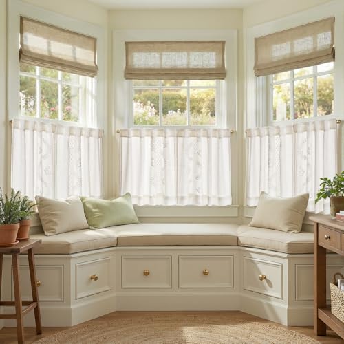 White Floral Linen Kitchen Tier Curtains 24 Inch (A| Off White / 26"W x 24"L (Pack of 2))